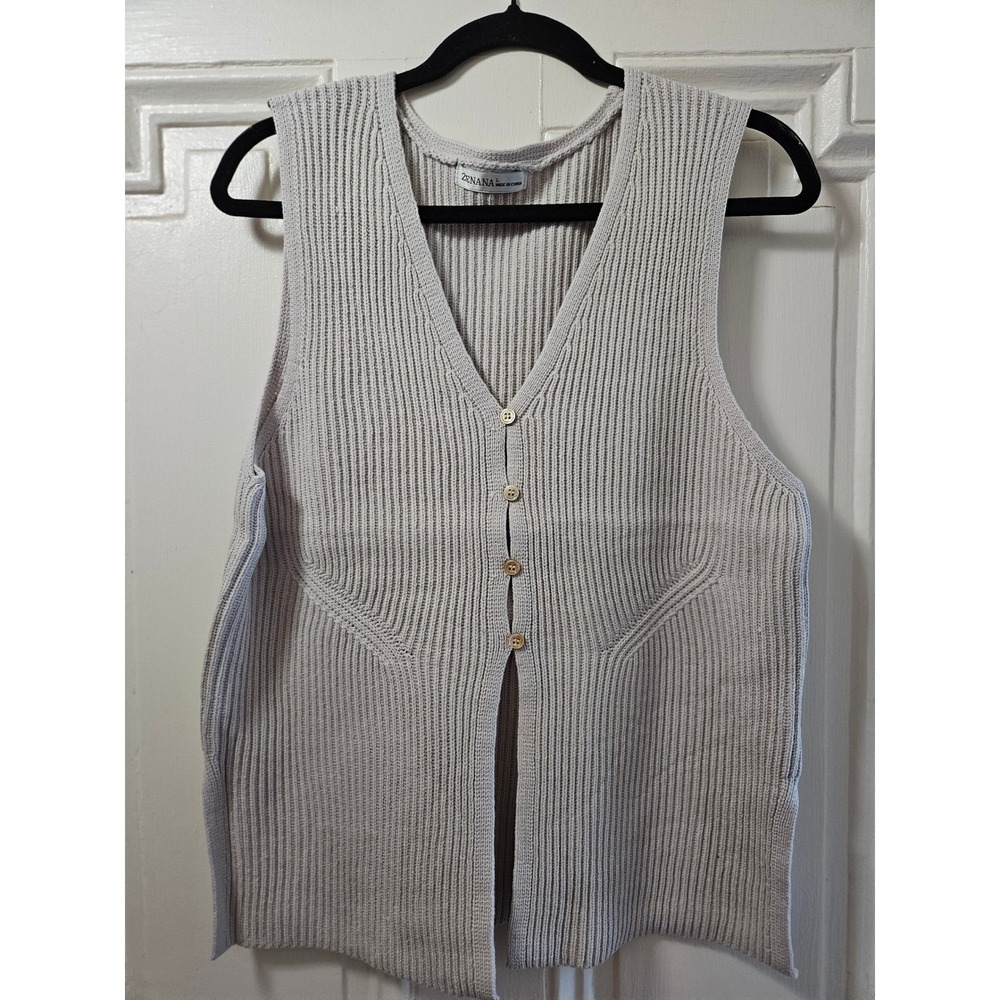 Zenana Ribbed Knit Sweater Vest V-Neck Button Front Sleeveless Cardigan Gray L